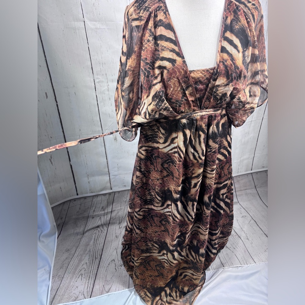 Maxi Dress Brown Animal Print Tiger Motifs V-neckline Flowing Kimono Sleeves - Picture 5 of 8